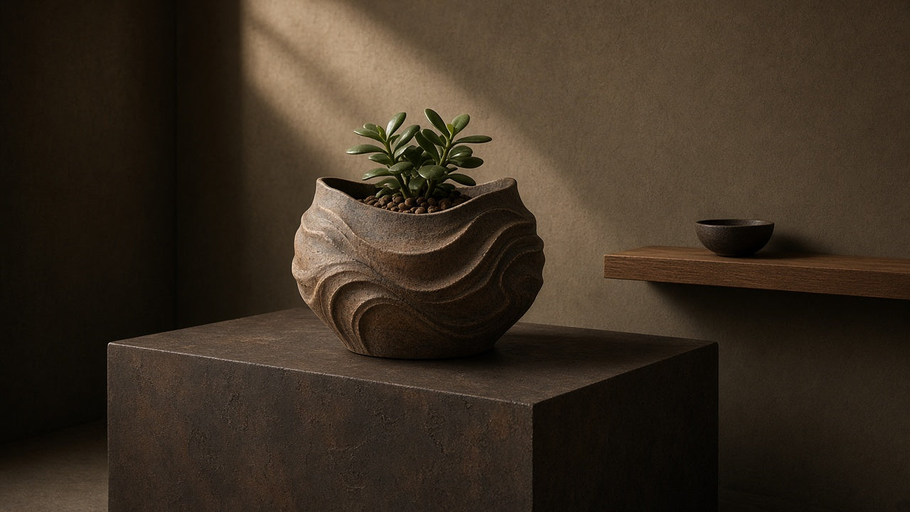Ceramic planter and folded shelf on an umber plinth